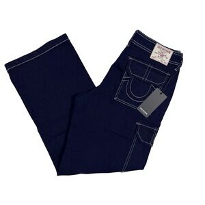 True Religion SN Cargo Denim Pants Women's Indigo Pink Stitch Sz 29 NWT